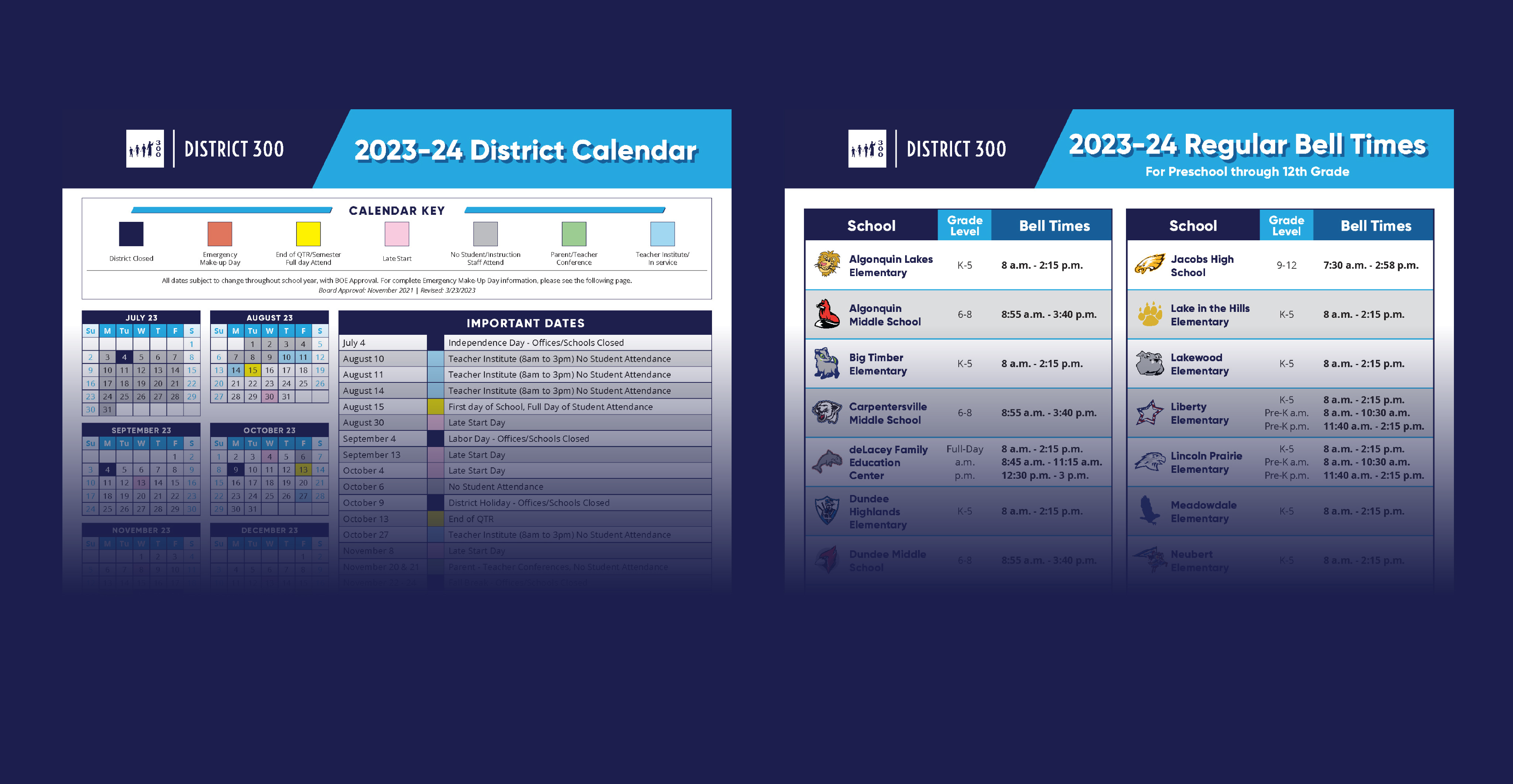 Image displaying the District 300 Calendar and Bell Time files side by side